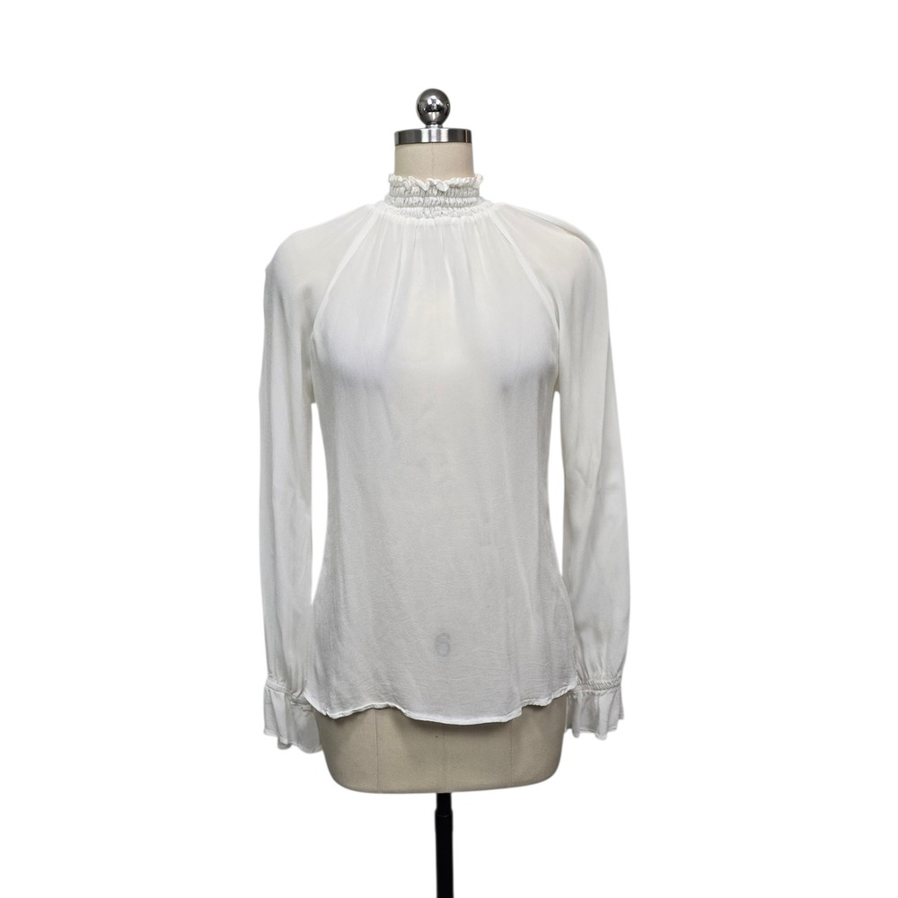 Reformation Womens Size‎ Large Smocked High Neck Long Sleeve Blouse White Sheer